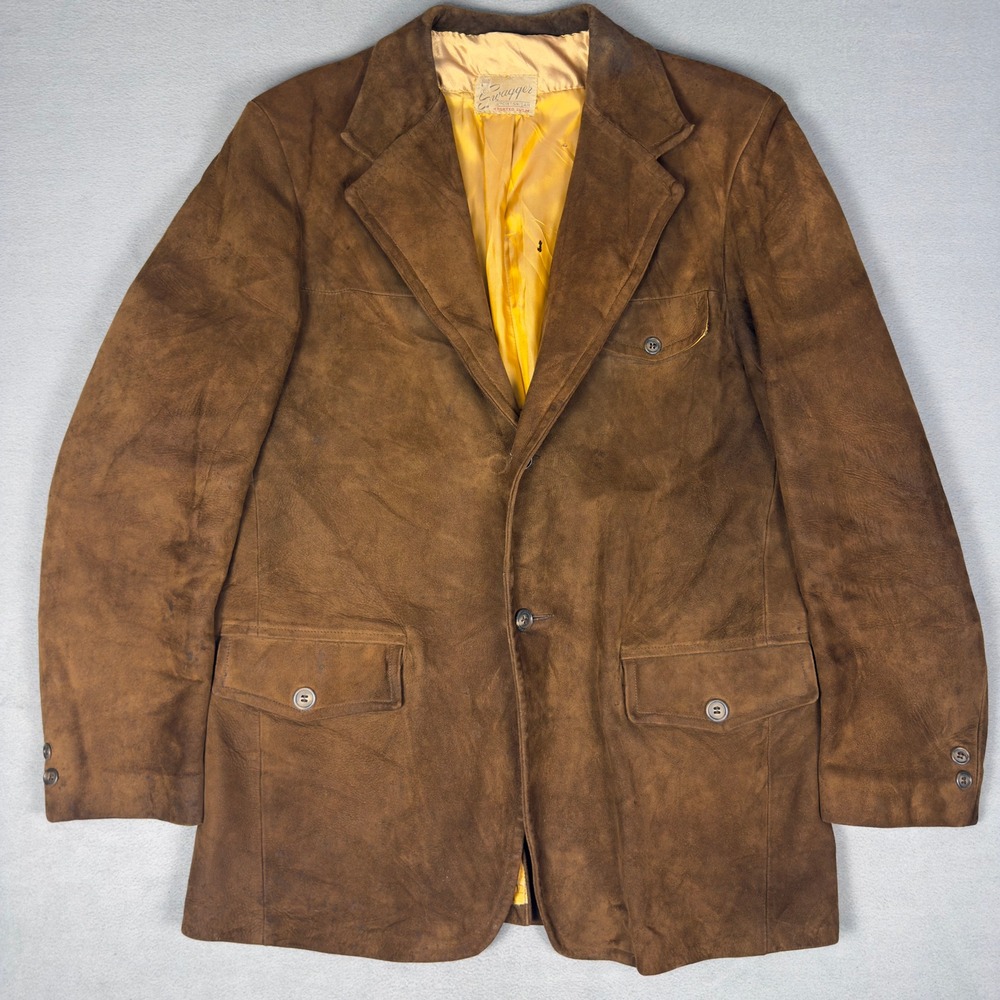 Vintage 70s Swagger Suede Blazer DuPont Quilon Brown Sport Coat Notch Lapel 42 - Picture 1 of 14